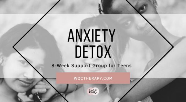 Promotional banner for an 8-week anxiety support group for teens in Valley Glen, California, featuring an image of two young individuals and the website 'woctherapy.com'.