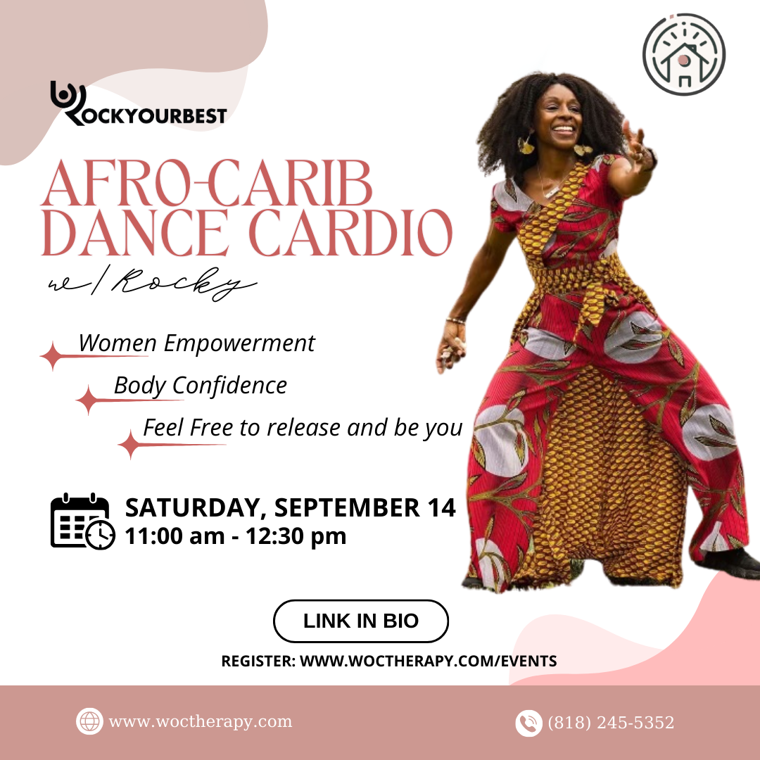 Flyer for Afro-Caribbean Dance Cardio Workshop with Rocky on Saturday, September 14 from 11:00 am to 12:30 pm, emphasizing women empowerment and body confidence. Registration details included.