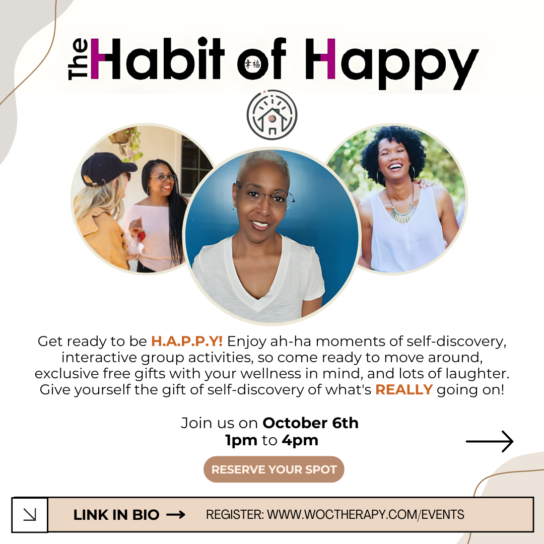 Informational flyer for "The Habit of Happy" event on October 6th, 1pm to 4pm. Featuring images of participants, event details, a link for registration, and promoting the habit of wellness, self-discovery, and laughter.