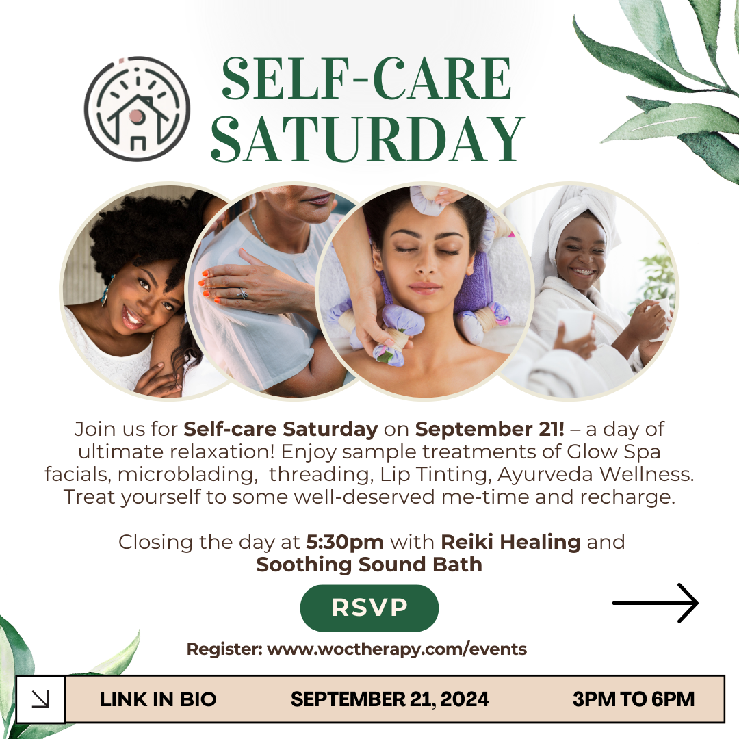 Promotional graphic for "Self-Care Saturday" on September 21, 2024, from 3 PM to 6 PM featuring spa treatments and Reiki healing. The event includes facials, microblading, threading, lip tinting, sound bath, and an auto-draft for easy registration.