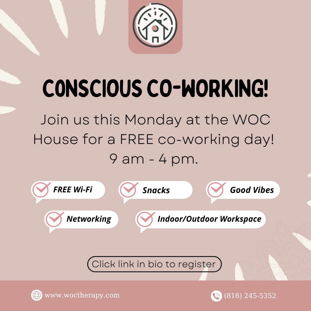 Join our Conscious Co-Working event at WOC House this Monday, 9 am - 4 pm. Enjoy free Wi-Fi, snacks, and excellent networking opportunities across indoor and outdoor workspaces. Contact details provided.