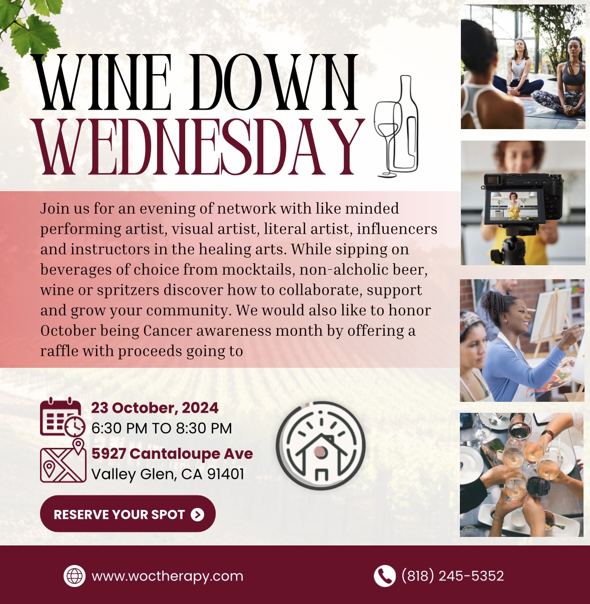 Join us for "Wine Down Wednesday" Mixer on October 23, 2024, at 5927 Cantaloupe Ave, Valley Glen, CA. Enjoy drinks and networking while supporting cancer awareness with a special raffle. Don't miss this chance to unwind and connect!