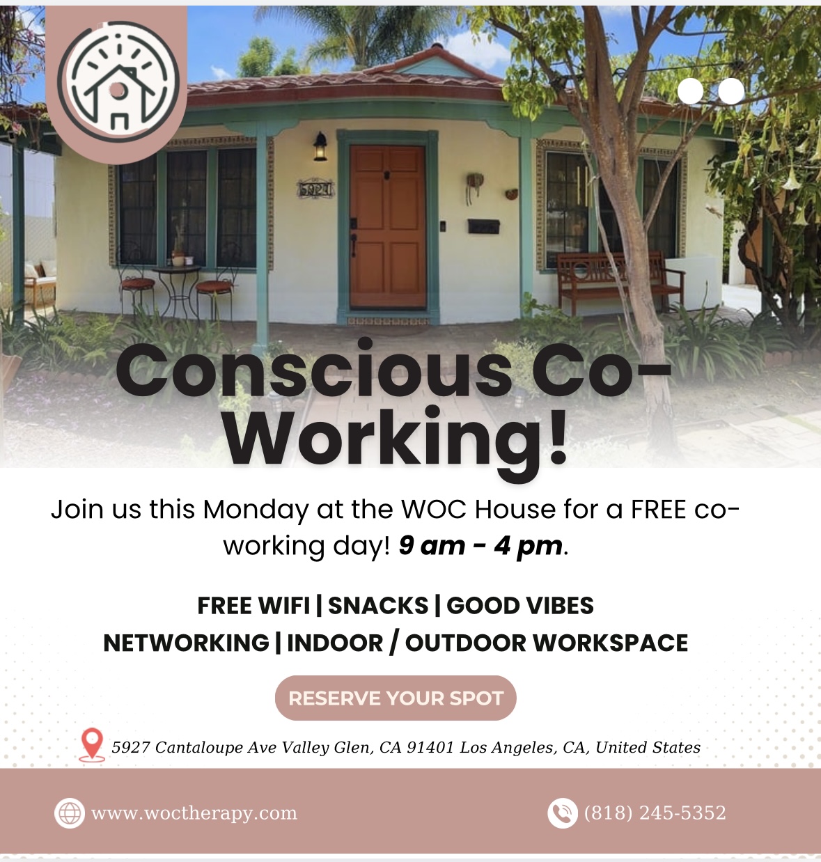 Join our conscious co-working event at WOC House, where creativity thrives. Enjoy free WiFi, snacks, and networking opportunities in both indoor and outdoor workspaces. See you Monday, 9 am - 4 pm!