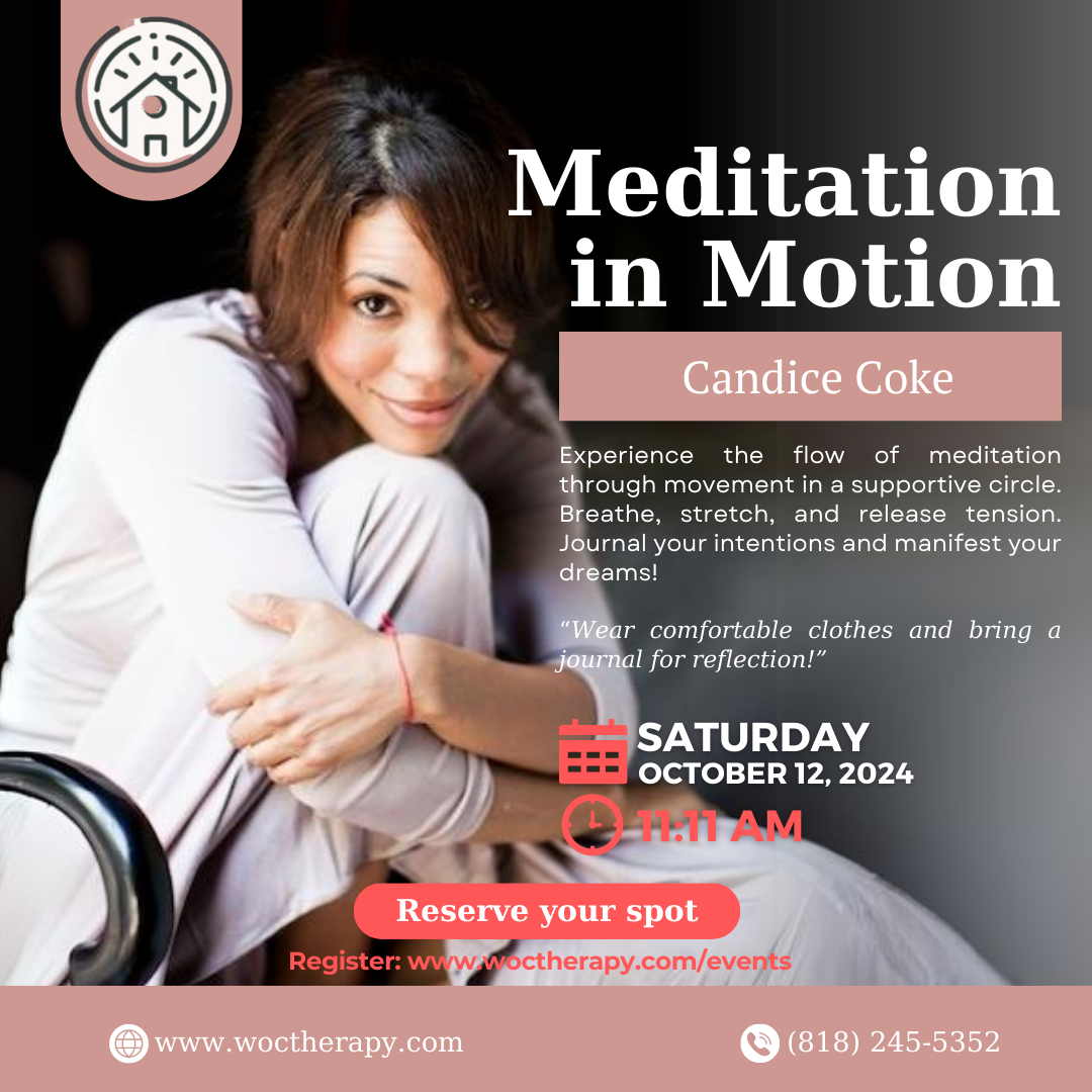 Woman seated with promotional text for a "Meditation in Motion" event featuring Candice Coke on October 12, 2024. Dive into the dynamic blend of motion and meditation. Includes details about the event and contact information.